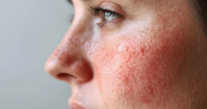 Rosacea natuurlijk behandelen: voorbeeld van een vrouw met rosacea in het gezicht